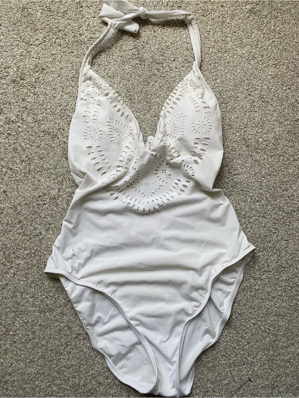 Polo by Ralph Lauren White Laser-Cut Halter One-Piece Swimsuit